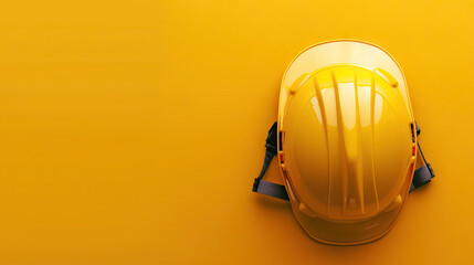 top view yellow hard hat construction and safety on yellow background with copy space.