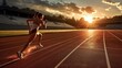 © Tessa - Female sprinter running on track at sunset, capturing the intensity and determination of athletic performance against a vibrant and dramatic sky.
