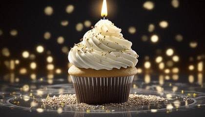 cupcake with lit candle and sparkling lights