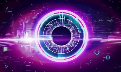 Wall Mural - A close-up of a human eye with futuristic digital graphics overlaying the iris, perfect abstract concept for a tech-themed