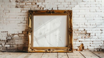 Canvas Print - Vintage wooden frame with gold design on white brick wall in empty rustic room