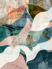 Wall Mural - A colorful abstract painting featuring overlapping shapes in shades of green, blue, pink, and white