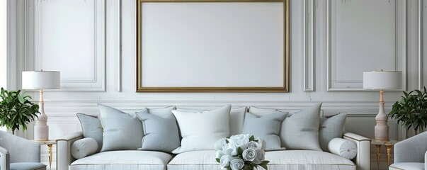 Wall Mural - Chic living room with an empty gold-leaf frame.