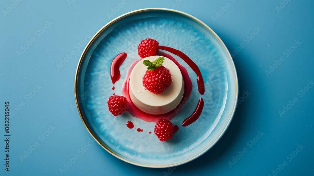 A royal blue background featuring a minimalist panna cotta with a ...