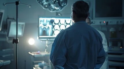 A doctor examines a hip replacement X-ray in a hospital room, reflecting the healthcare concept.