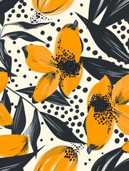 Poster - A seamless pattern featuring yellow flowers with black centers, black leaves, and a polka dot background