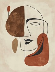 Wall Mural - An abstract portrait in a minimalist style with a single eye, lips, and geometric shapes in brown, orange, and black