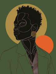 Wall Mural - A line art portrait of a person with a green jacket, closed eyes, and a gold earring against a yellow and orange background