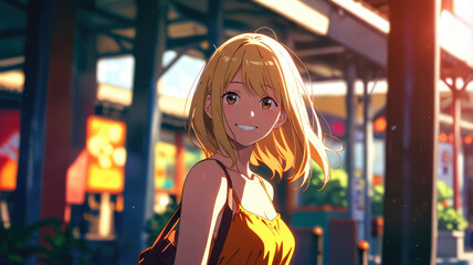 portrait of a pretty happy anime girl on sunny day