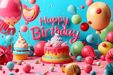 Colorful birthday table with cake, balloons, and cupcakes against a vibrant blue backdrop