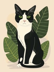 A black and white cat sits with its front paws tucked under its body, looking directly at the viewer. The cat is surrounded by large, green tropical leaves