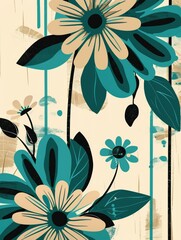 Poster - A stylized floral illustration featuring teal and beige flowers with black centers and leaves against a pale beige background with blue vertical lines