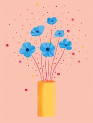 Wall Mural - A bouquet of blue flowers with red stems in a yellow vase, set against a pink background with red and yellow confetti