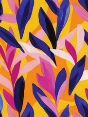 Poster - Blue, pink, and yellow leaves against a yellow background