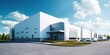 © inthasone - Modern warehouse building exterior, building servicing or car service buildings, Cargo transportation and logistics, with a parking lot on a blue sky background, Car repair or service concept.
