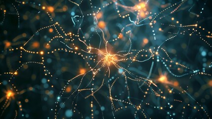 The illustration displays neural networks transmitting signals and processing data with intricate connections