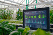 © SOLDATOOFF - A digital interface showing plant growth data in a greenhouse, representing controlled environment agriculture with precision farming techniques and advanced greenhouse technology