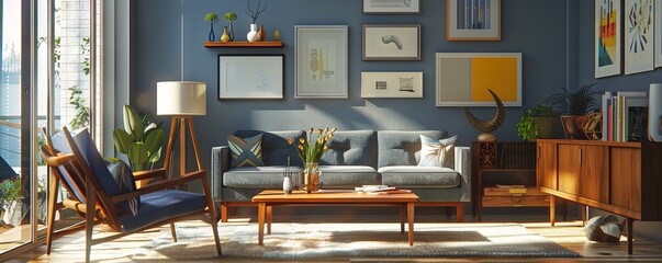 Wall Mural - Mid-century living room with an empty photo string.