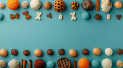 Colorful assortment of dog treats and toys arranged on a blue background in rows. Perfect for pet care and dog-related themes.