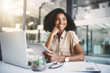 Aufkleber - Woman, thinking and tablet in office for business, idea and planning schedule on digital app. Communication, email and employee in creative agency, online vision and company website or professional