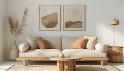 Poster - Two mockups of paintings with mountains hung on the wall above a beige sofa in a Scandinavian living room interior, with a wooden coffee table and pastel pillows