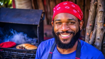 Imagen horizontal de un sonriente hombre afrocaribeño de barba solo  con un pañuelo rojo en su cabeza, al aire libre en su pequeño negocio de venta de carne asada. 