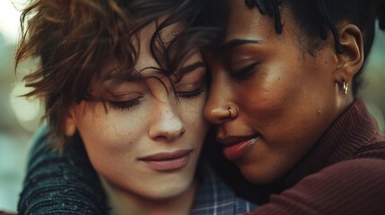 Canvas Print - Androgynous lesbian loving couple hugging. Lifestyle portrait of transgender people