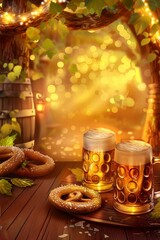 A vibrant Oktoberfest scene with two frothy beer mugs and pretzels on a wooden table