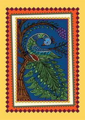 Sticker - Rhythm of the Rain: A Captivating Madhubani Tapestry - Peacock Dancing in the Rain. Madhubani art, saree painting Madhubani, Indian folk art peacock, Madhubani culture, Wall decor, Handmade.