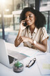 © peopleimages.com - Office, laptop and woman with phone call, planning and connection for business lead, crm and consulting. Computer, notes and happy advisor at desk with smartphone, networking or contact on mobile app