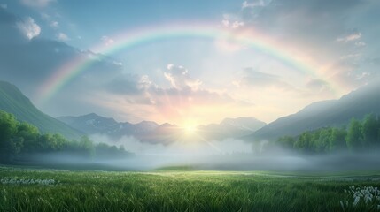 Wall Mural - A rainbow is seen in the sky above a field of grass