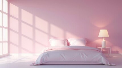 Wall Mural - A white bed with pink sheets and pillows sits in a room with a pink wall