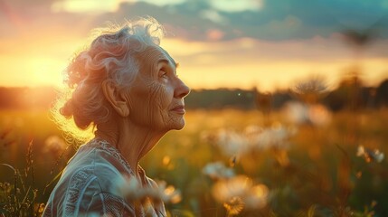 Sticker - Aged wise woman looking away at the sunset, praying and searching for hope. Emotional and expressive outdoor portrait of a senior with dramatic lighting