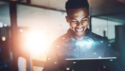 Leinwandbilder - Night, networking and black man with tablet, hologram and online global system for business connection. Smile, data and businessman in office with digital app, ux software and futuristic technology