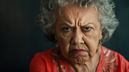 Wall Mural - Angry belligerent hispanic senior woman looking at the camera