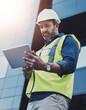 © Chanelle M/peopleimages.com - Man, construction and architect or tablet outside, building inspection and online plan for property development. Professional, architecture and digital blueprint on app , engineering design and tech