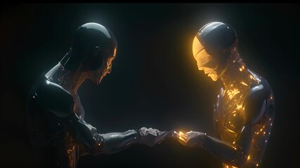 Couple of robots in romantic conversation. AI technology and innovation in a futuristic virtual environment