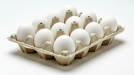 Carton of white eggs displayed in a cardboard egg tray. Ideal for breakfast recipes, baking, and culinary uses. Fresh and organic. High Quality