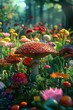 © AIPhoto - Enchanting Forest with Vibrant Mushrooms and Colorful Flowers in Sunlit Glade