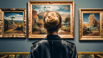 Back portrait of an adult woman looking at museum paintings in an old museum art gallery, museum, exhibition