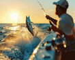 © modestil - Point of view of a big fishing rod with a luxury reel and a big fish jumping in the air