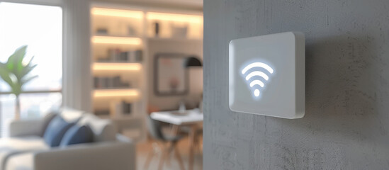 Smart home control panel is managing home automation system with wi-fi symbol glowing