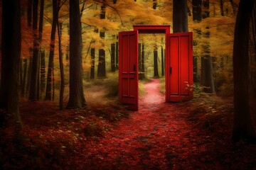 A red doorway is on a trail in the woods with trees for a concept about faith, freedom or opportunity.