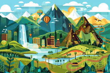 ity Built in the Mountains: Illustration with Lush Greenery and River