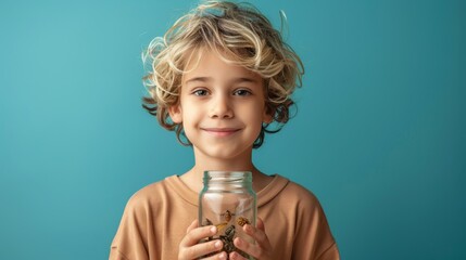 Poster -  A young boy, grinning at the camera, holds a jar containing a spider against a blue backdrop