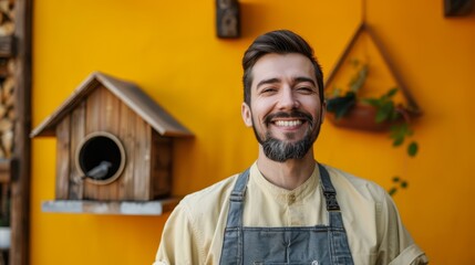 Poster -  A man in an apron stands before a yellow wall, holding a birdhouse and another one is mounted on the wall