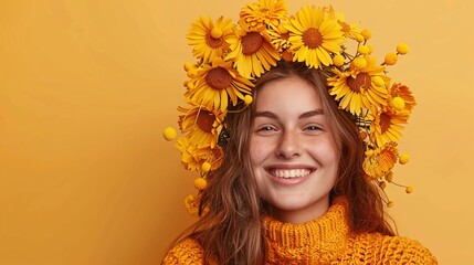 Wall Mural -  A woman happily smiles at the camera, dressed in a yellow sunflower-patterned sweater on her head and a matching one draped over her shoulders