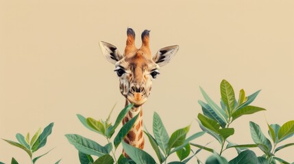 Sticker -  A giraffe's face, in tight focus, with leaves in the foreground against a beige background