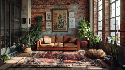 Sticker - art deco , boho decor room , rich rugs on floor , caramel colored leather couches , lots of plants , rich colored walls , big large loft windows , old brick wall