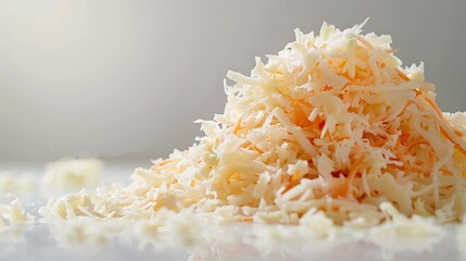 Poster -  A white table holds a pile of shredded carrots and a bowl of grated carrots, both in white